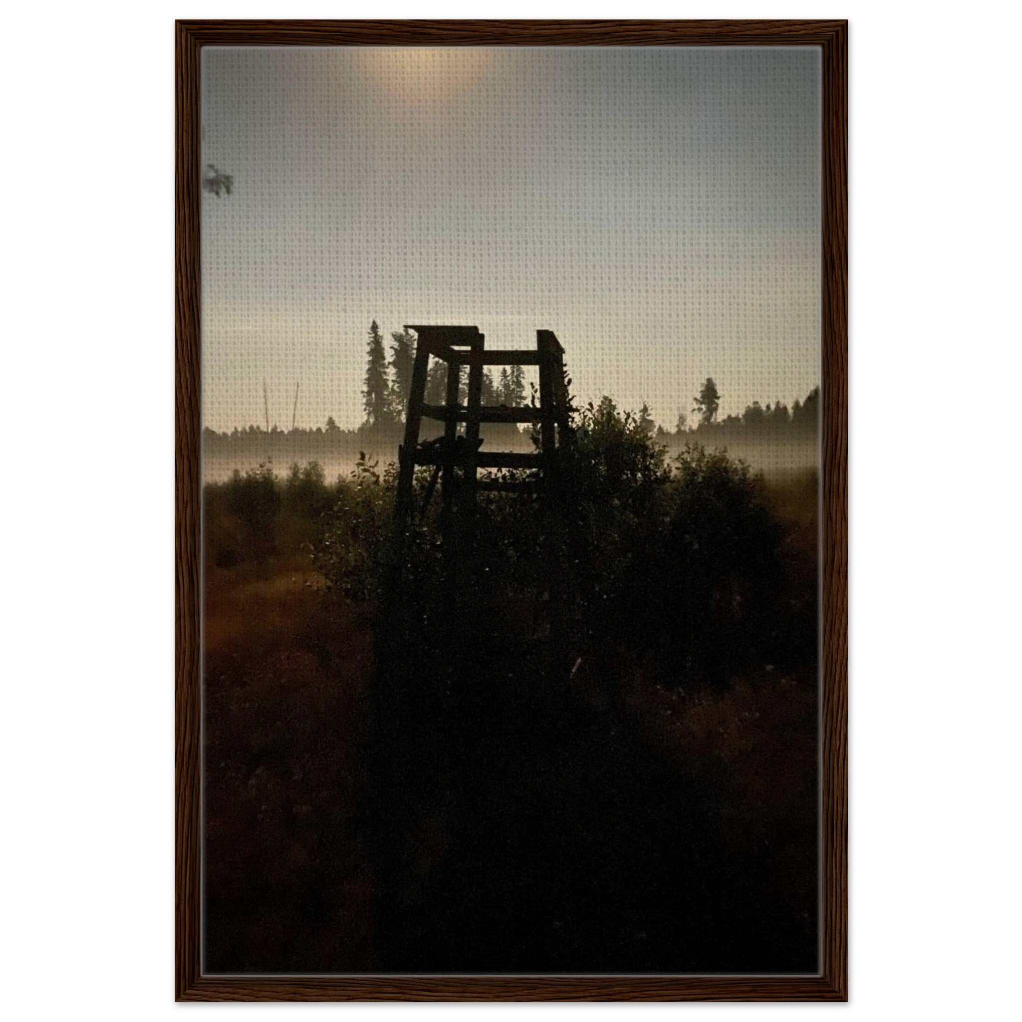 Framed canvas print of a hunting tower silhouette during a misty fall morning in Sweden