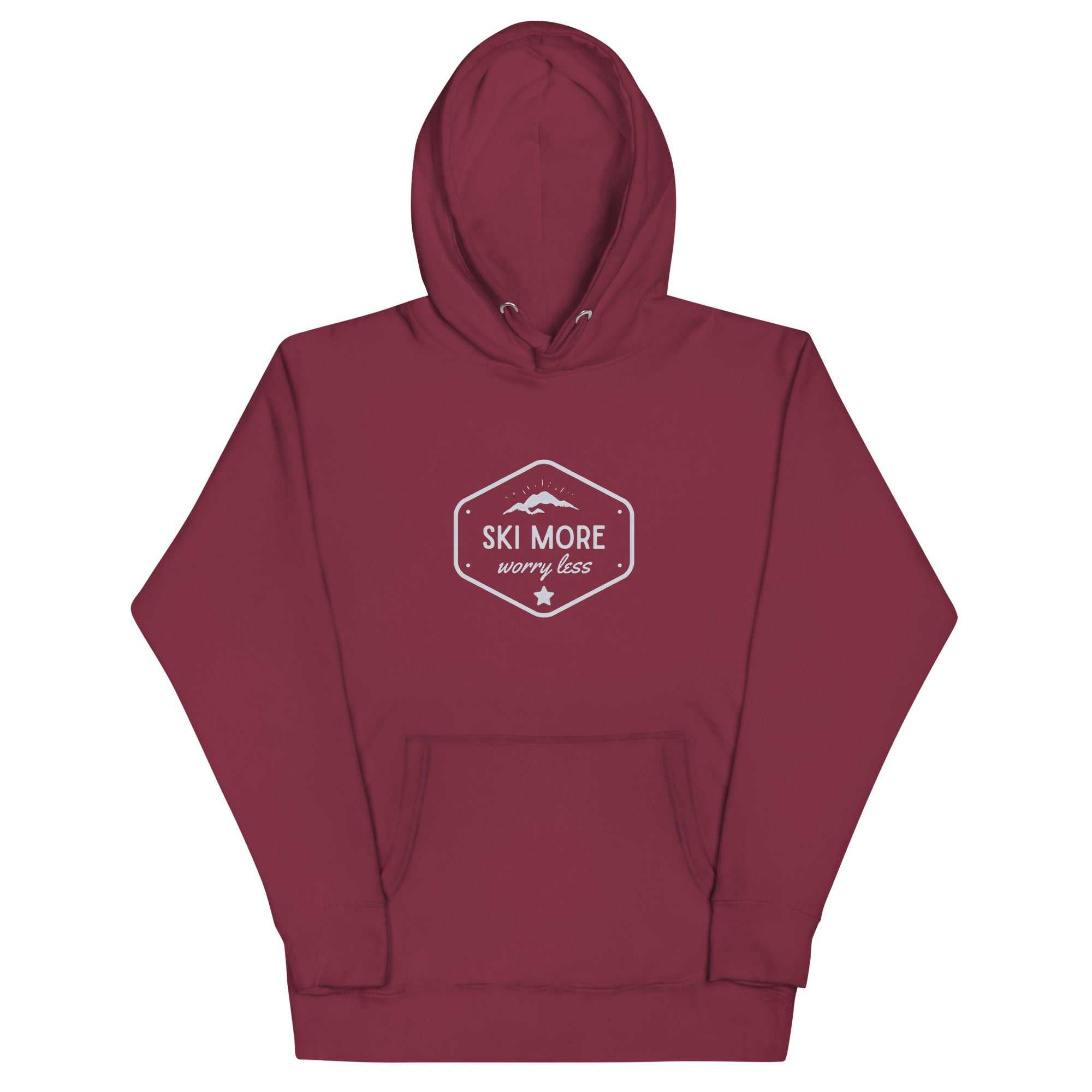 Men hoodie in maroon with "Ski More Worry Less" design, front pouch pocket, and drawstring hood.