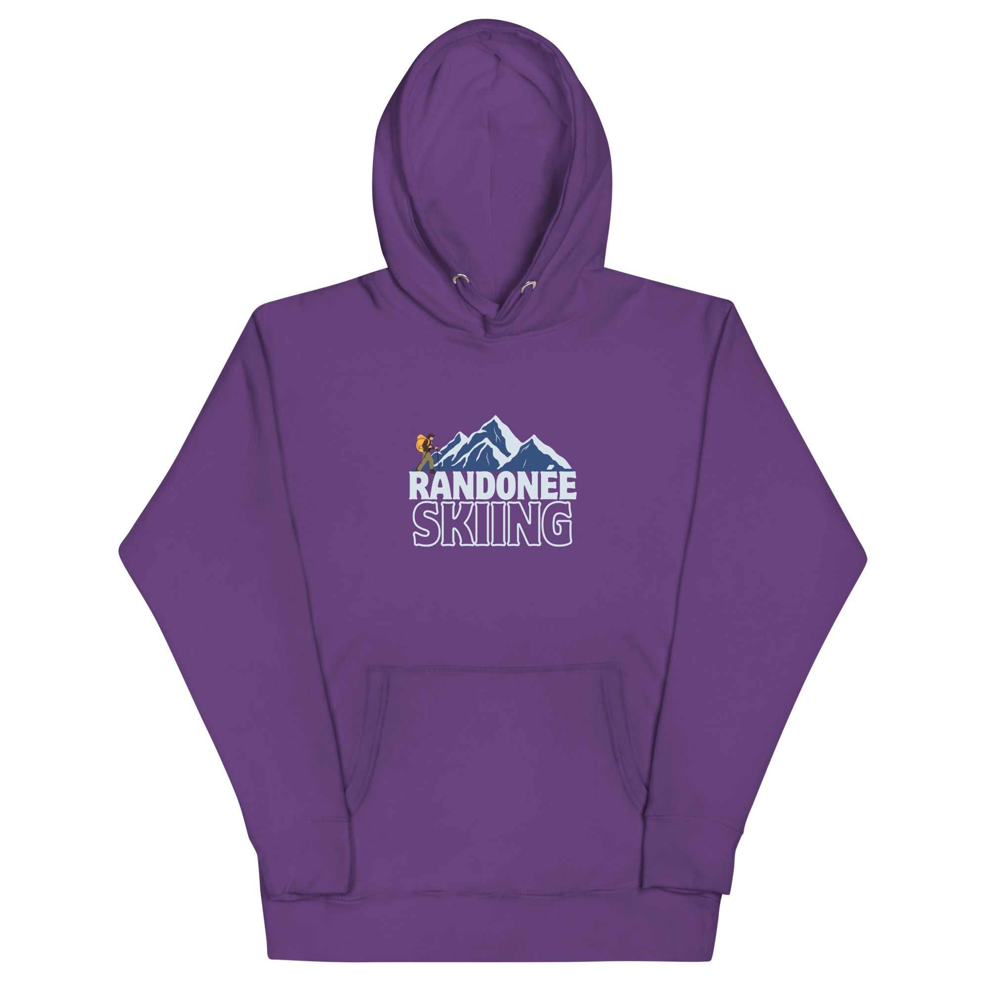 Purple men hoodie with front pouch pocket and "Randonnée Skiing" mountain graphic design