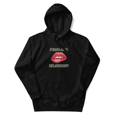 Black unisex Fearless Wildheart Hoodie with red lips graphic, front pouch pocket, and warm hood