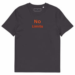 Blackfriday No Limit unisex organic cotton t-shirt with orange text on black fabric, eco-friendly and comfortable design