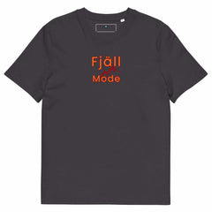 Blackfriday Fjäll Mode unisex organic cotton t-shirt in dark color with orange mountain logo and text.