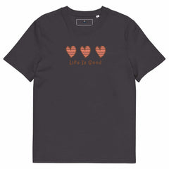 Blackfriday Hearts Unisex organic cotton T-shirt with striped hearts and Life is Good text in dark color